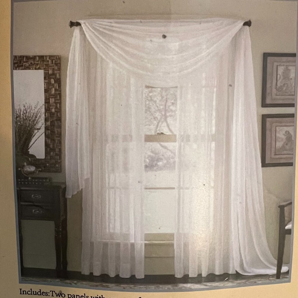 White Sheer solid voile panels by WPM 120" x 84" Panels and 38" x 216" Scarf NIP